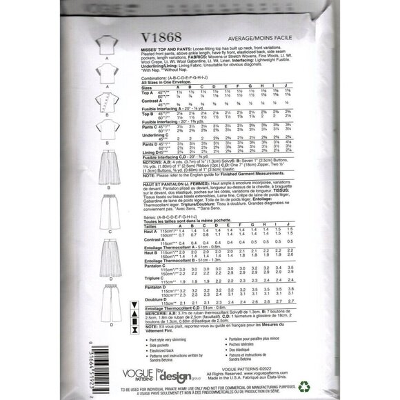 Vogue V1868 Misses All Sizes Sandra Betzina Top and Pants Uncut Sewing Pattern - Picture 2 of 2